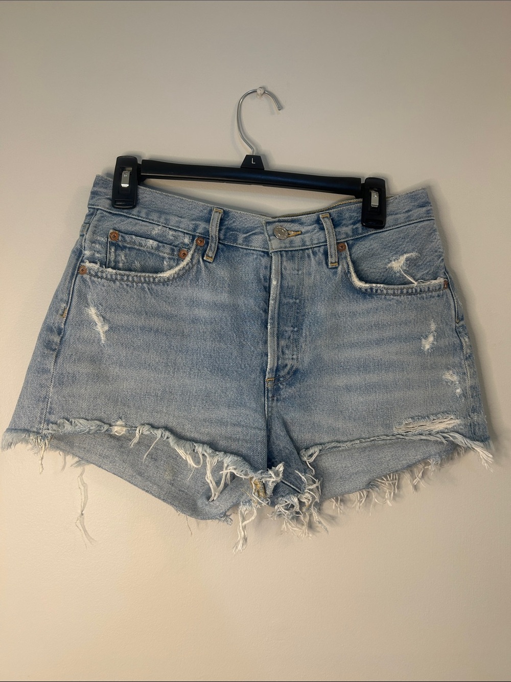 Agolde Light Blue Distressed Denim Cutoff Shorts